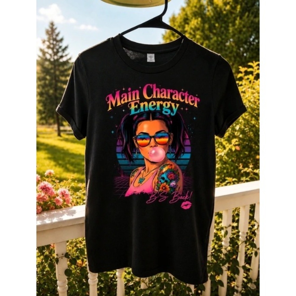 Main Character Energy Graphic T-Shirt Black Retro Synthwave B's Back Tee Womens